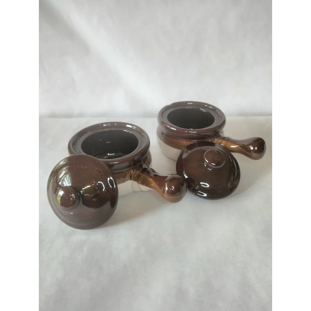 2 Onion Soup Handled Crock Bowls with Lids Brown & Beige Taiwan
